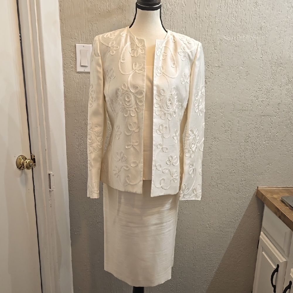 Kasper 3 pc Ivory Shimmer Embroidered Jacket, Top, Skirt, Suit Set